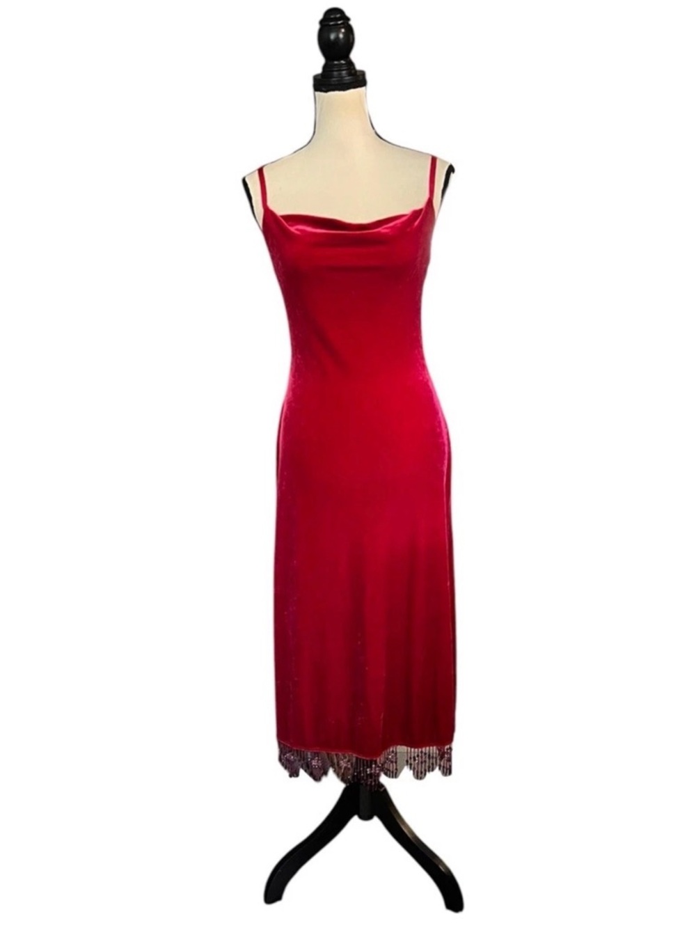 Vintage Betsey Johnson New York Velvet Beaded Fringe Slip Dress M FLAW - Picture 2 of 15